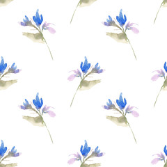 Seamless pattern of hand-painted watercolor blue flowers on a white background. Use for weddings, birthdays, menus