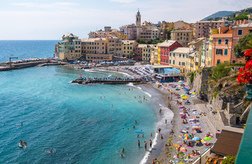 Bogliasco, Italy - August 19, 2019: Famous summer beach on Ligurian seashore in Bogliasco near Genoa, Liguria, Italy