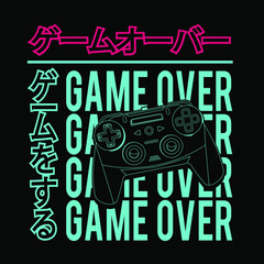 vector illustration of a joystick, tee shirt graphics, game over typography, 