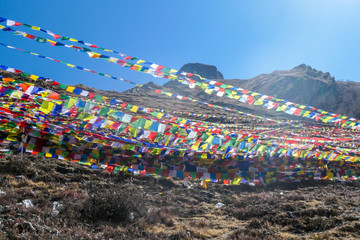 A sea of prayer flags attached to the Himalayan slope, along the way to Muktinath, Nepal. The flags have the 'om mani padme hum' mantra written on it. Buddhist tradition. Spirituality.