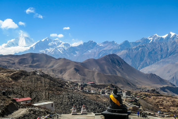 A complex of Buddhist temples in Muktinath, along Annapurna Circuit Trek in Nepal. The temple is...