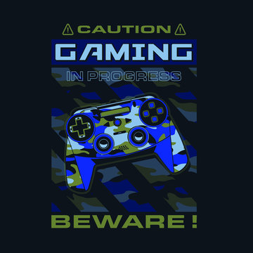 video game design, tee shirt graphics, joystick with camouflage pattern illustration, gaming typography