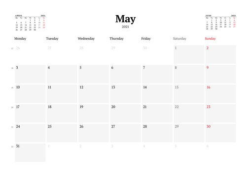 Calendar template for May 2021. Business monthly planner. Stationery design. Week starts on Monday.