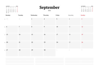 Calendar template for September 2021. Business monthly planner. Stationery design. Week starts on Monday.