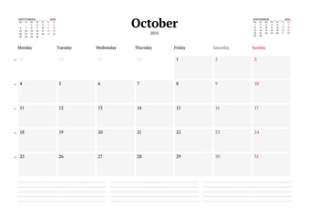 Calendar template for October 2021. Business monthly planner. Stationery design. Week starts on Monday.