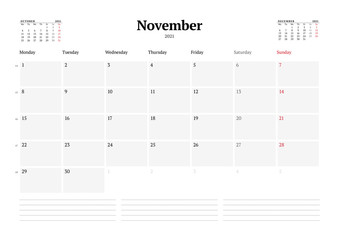 Calendar template for November 2021. Business monthly planner. Stationery design. Week starts on Monday.