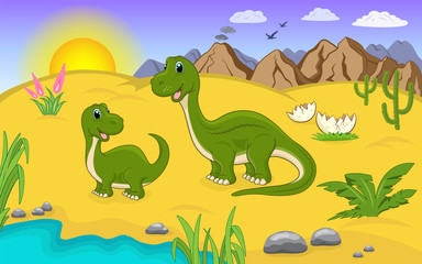 Illustration with Brontosaurus cartoon characters. Dinosaur and its baby in a prehistoric landscape. 