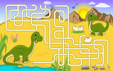 Maze game for children. Help mommy dinosaur to get to baby dinosaur. Brontosaurus cartoon characters.