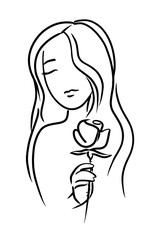 silhouette of a girl with a rose on a white background. Digital illustration