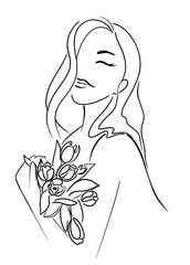 silhouette of a girl with a  bouquet of flowers on a white background. Digital illustration
