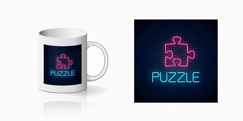 Glowing neon icon of logical concept print for cup design. Thinking game symbol on mug mockup. Vector illustration