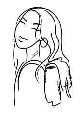 silhouette of a girl with a backpack on a white background. Digital illustration.