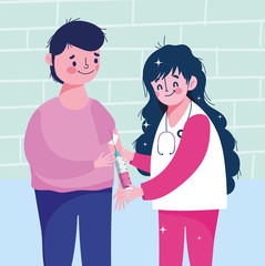 female nurse with patient and syringe medical health care vaccination