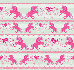 pattern with unicorns, flowers and diamond hearts