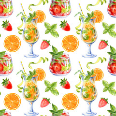 Naklejki  Seamless pattern with lemonades, coctails and fruits on white background. Watercolor hand drawn illustration.