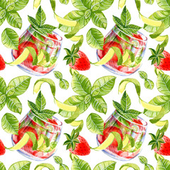 Seamless pattern with lemonades, coctails and fruits on white background. Watercolor hand drawn illustration.