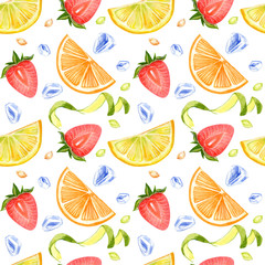 Seamless pattern with strawberry, lemon and mint on a white background. Watercolor hand drawn illustration.