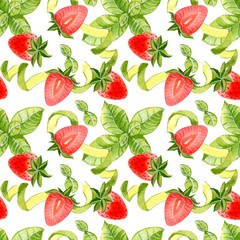 Seamless pattern with strawberry and mint on white background.Watercolor hand drawn illustration.
