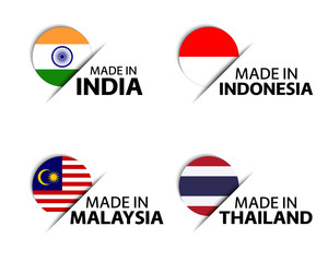 Set of four Indian, Indonesian, Malaysian and Thai stickers. Made in India, Made in Indonesia, Made in Malaysia and Made in Thailand. Simple flags isolated on a white background