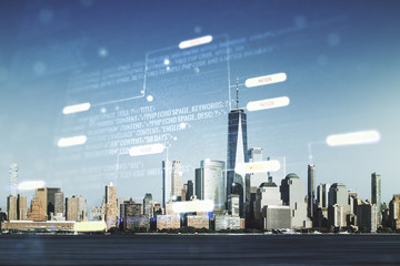 Double exposure of abstract creative programming illustration on New York city office buildings background, big data and blockchain concept