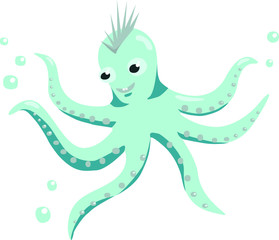 funny octopus swims in the ocean. on his head a mohawk