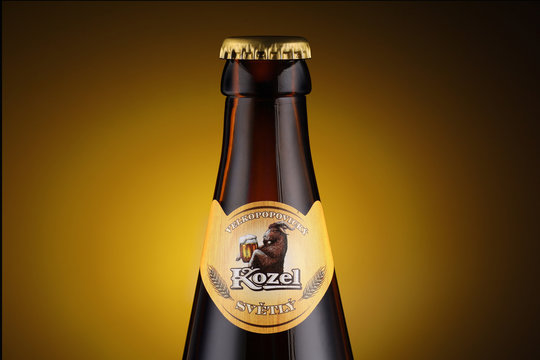 LVIV, UKRAINE - April 27, 2020: Kozel Czech beer label Kozel Czech beer label