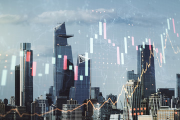 Multi exposure of virtual creative financial graph and world map on New York city skyline background, forex and investment concept