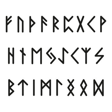 Alphabet with ancient Old Norse runes Set of 25 scandinavian and germanic letters on square white landscape background.
