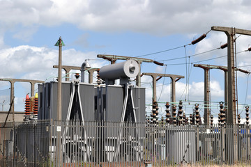 Detailed View of Electricity Sub Station Supply Facility against Blue Sky