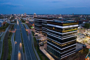 Drone aerial view on office buildings in Katowice.