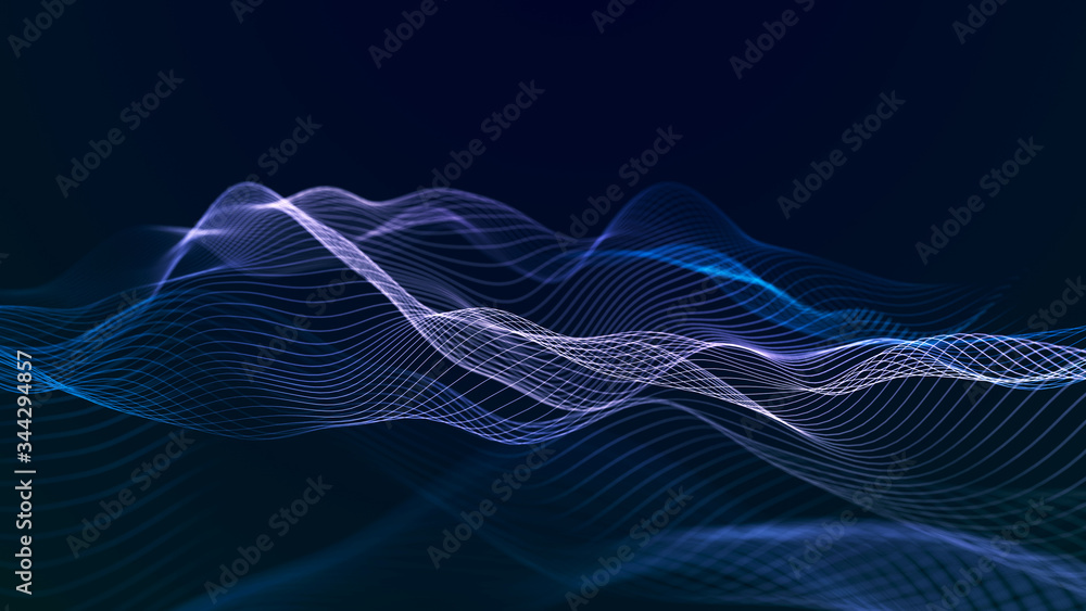 Poster Futuristic wave on dark background. Colored pattern of connection lines. Technology or science. 3D