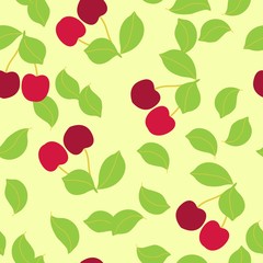 Seamless pattern with cherry berry and leaves. Floral vector background.