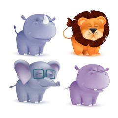 Cute standing and squinting cartoon baby characters set - rhino, lion, elephant, hippo. Vector illustration of an African wildlife mascot newborn animals isolated on white background