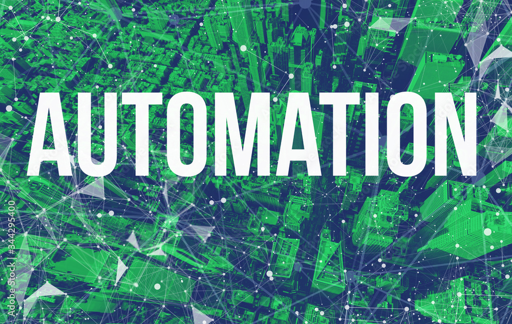 Aufkleber automation theme with abstract network patterns and manhattan ny skyscrapers