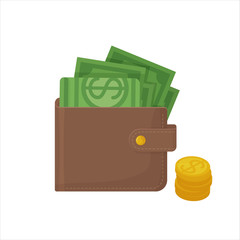 Wallet with money, dollars and coins. Cirrensy, cash, shopping, finance, money, wealth concept. Stock vector illustration isolated on white background in cartoon flat style.