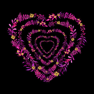 Colorful mother's day heart with plants and flowers isolated on black