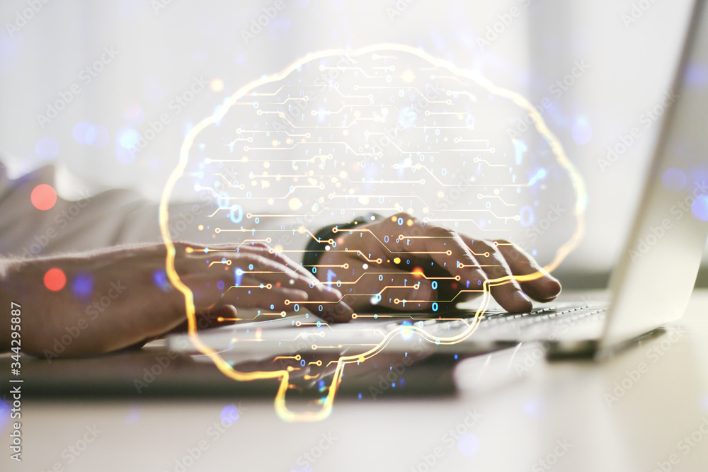 Poster creative artificial intelligence concept with human brain sketch and hands typing on computer keyboa