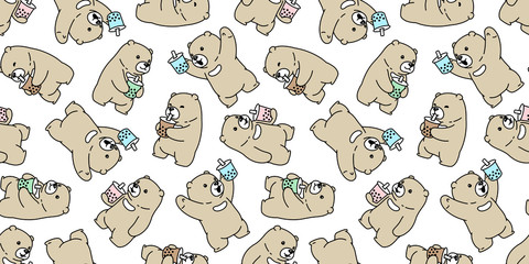 bear seamless pattern polar bear Boba milk tea vector bubble milk tea cartoon scarf isolated repeat wallpaper tile background textile doodle illustration design