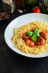 pasta spaghetti with meatballs and tomato sauce Menu concept healthy eating. food background top view copy space for text