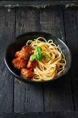 pasta spaghetti with meatballs and tomato sauce Menu concept healthy eating. food background top view copy space for text