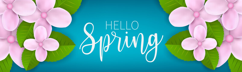 Hello spring banner or website header. Pink flowers with green leaves on blue background.