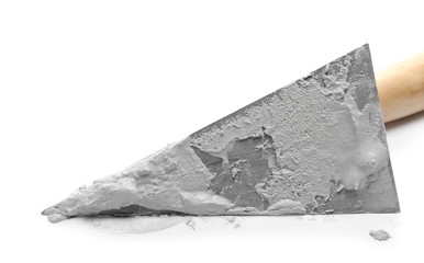 Metal trowel with wet cement, mortar isolated on white background