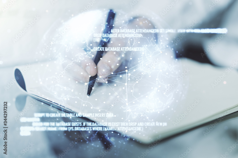 Poster double exposure of abstract creative programming illustration with world map and man hand writing in