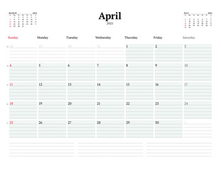 Calendar template for April 2021. Business monthly planner. Stationery design. Week starts on Sunday.