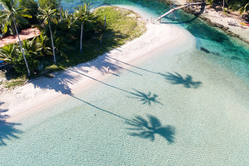 View of palm tree shadow silhouettes on tropical beach next to wooden foot bridge island Thailand 