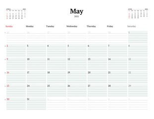 Calendar template for May 2021. Business monthly planner. Stationery design. Week starts on Sunday.