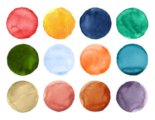 Set of colorful watercolor circles isolated on white. Watercolor round shapes