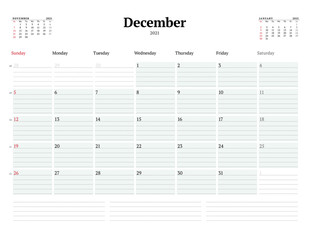 Calendar template for December 2021. Business monthly planner. Stationery design. Week starts on Sunday.