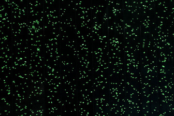 Lots of small bright green air bubbles on a black background. A wall of water with air drops evenly filling the background.