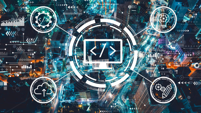 Web development concept with aerial view of Tokyo, Japan at night